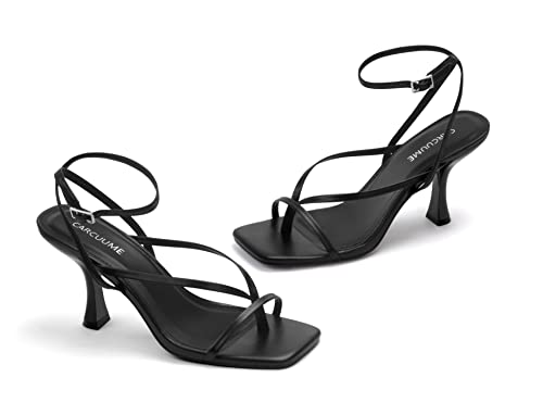 Image of Carcuume Womens Kitten Heels Square Toe Thong Strappy Ankle Strap Stiletto Heel Sandals