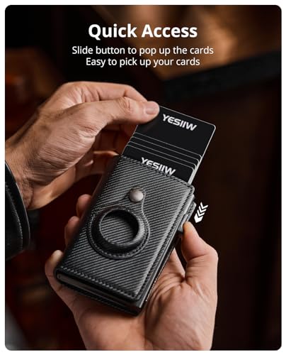 YESIIW Airtag Wallet for Men, RFID Blocking Wallet Pop Up Card Holder, Smart Wallet Apple AirTag Holder, Minimalist Trifold Leather Wallet with ID Window, Cash Slot (Fine Stripe Black)4