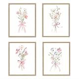 YZSLA Coquette Room Decor,Wildflower Decor,Pink Bow Floral Room Wall Art Prints, Floral Botanical Wall Decorations for Girly Room Bedroom Dorm Home, 8x10 Unframed Set of 4