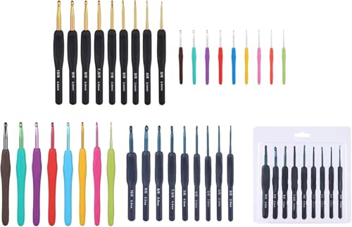 Image of VIRADHAM Crochet Hooks Set of 9 - Aluminum Crochet Needles with Soft Rubber Handles And Stitch Markers - Ergonomic Kit for Arthritic Hands - Comfortable Grip Yarn Craft Tools for All Skill Levels (9 BLACK GOLD)