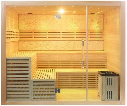 6 or 8 Person Traditional Steam Sauna, Canadian Hemlock Indoor Sauna with 6000W Stove Heater, Bluetooth Speaker, Rocks, Water Bucket, Spoon, 7-Color Sky Lights, 220V, Clear Tempered Glass Door