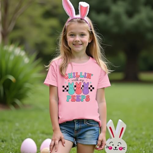 Image of Girls Easter Bunny Shirts Chillin with My Peeps Letter Print T-Shirt Cute Rabbit Short Sleeve Tee Tops