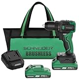 SCHNEIDER 20V MAX Cordless Drill Driver, Brushless, 619 in-lbs, 1/2 Inch Electric Drill, 2 Speed, 2 Batteries and Charger Included