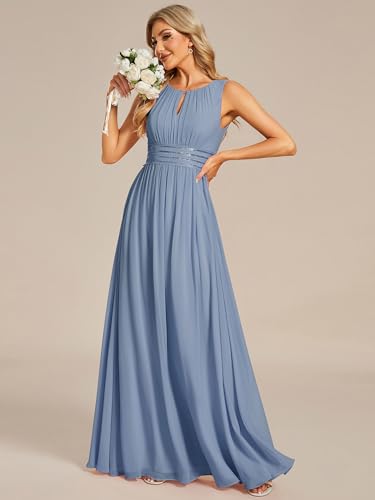 Image of Ever-Pretty Women's Chiffon Sleeveles Summer Formal Wedding Guest Dresses Ruched A Line Hollow Out Crew Neck Bridesmaid Dress