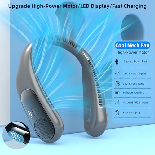 Image of Portable Neck Fan, Personal Wearable Bladeless Fan for Outdoor Indoor, LED Display, 360 Cooling, 4-Speeds, 6000mAh USB Rechargeable, Birthday Gifts for Men Women Dad Mom (Dark grey)