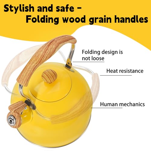 Foedo Tea Kettle,Whistling Tea Kettle Stovetop 2.6 Quart, Tea Pots for Stove Top Food Grade Stainless Steel,Wood Pattern Handle(Yellow),With Anti Scald Towel - Thumbnail 2
