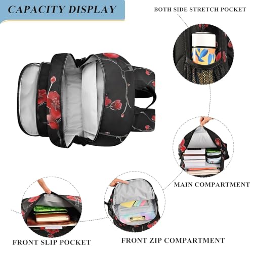 Red Plum Cherry Blossoms on Black School Backpacks Travel Laptop Bag Kids Bookbag for Girls Boys Teens Women Men4