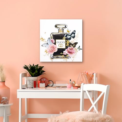 Dream Land Perfume Bottle Canvas Wall Art: Fashion Pink Flower Painting 20x20 Gold Foils Artwork for Women Bedroom by Dream Land - Used condition - Image 4