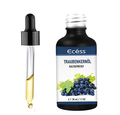 Ecéss Cold Pressed Grape Seed Oil 50ml - 100% Pure Vegan - Perfect for Face - Body. Light Cover Glass Dropper Bottle with Pre