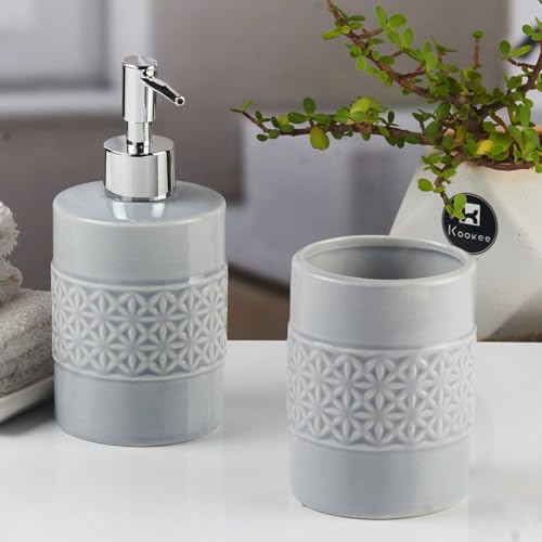 Image of Kookee Ceramic Bathroom Set - Stylish 2 Piece Bath Accessories Kit with Soap Dispenser, Toothbrush Holder - Modern & Designer Decor for Home & Guest Bathrooms, Grey (11110)