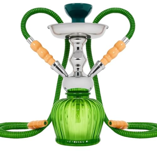 Image of FAB HOME DECOR QT Econo Dual Hose Hookah | Designer Double Pipe Aluminium Stem 12 Inch Glass, Steel Hookah Set For Heavy Smoke | Perfect for Party Lovers (Green)