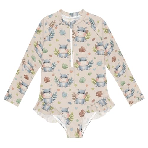 Cute Hippo Pattern with Leaves Girls Rash Guard Swimsuits Long Sleeve One Pieces Bathing Suit UPF 50+ Zipper Swimwear