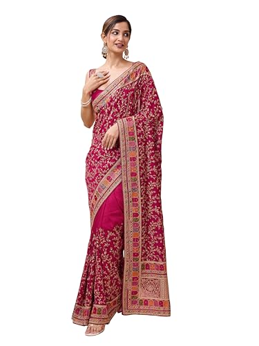 Image of TRENDMALLS Women's Vichitra Silk Heavy Embroidery With Siroski Stone Work Saree with Unstitch Blouse Piece For Women