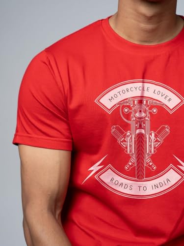 Image of T-Shirt for Men - 100% Cotton Ladakh Motorcycle Rider Half Sleeve Round Neck Graphic Print | Regular & Oversized Fit | 180 /220 GSM | S-5XL | Black, Navy Blue, Olive, Red, White