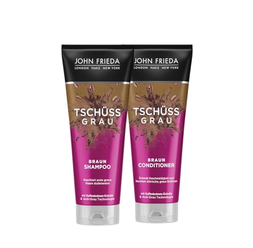 John Frieda Tschüss Grau Vorteilspack - Shampoo, 250ml & Conditioner, 250ml - Für braunes Haar - Kaschiert erste graue Haare stufenweise - Für ein natürlich getöntes Brünett - Schenkt Geschmeidigkeit