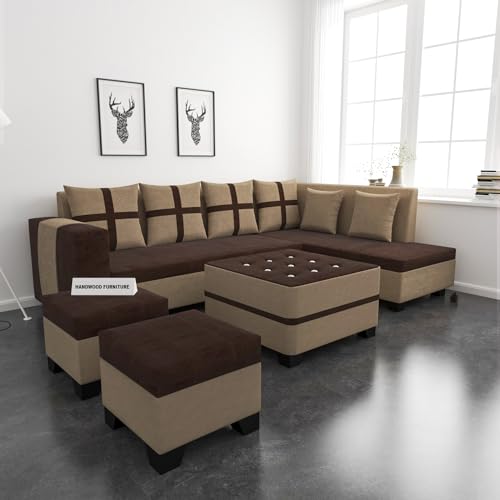 HANDWOOD FURNITURE 8 Seater Sofa Set, L Shape Sofa (Right Facing) 2 Ottoman, 6 Small Pillow with Coffee Table for Living Room Furniture | Sofa for Home & Office Furniture | Brown & Cream