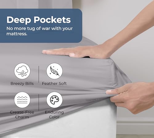 Image of Royale Linens 100% Organic Cotton Fitted Sheet - Percale Weave - Super Soft Deep Pocket Bottom Sheets - Elastic Sheet Queen Size - Queen Fitted Sheets Only - (60 inchx80 inch+15 inch, Silver)