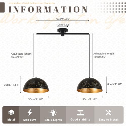 Image of 2-Light Black Linear Pendant Light, Metal Hanging Lamp Matte Finish