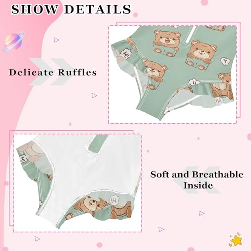 Girls One Piece Swimsuits Long Sleeve Swimsuit Zipper Bathing Suits Cute Teddy Bear Cup Green4
