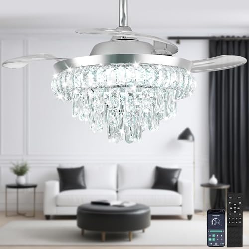 Crystal Ceiling Fans with Lights and Remote Dimmable LED Ceiling Fan Lamps Bladeless Modern Chandelier Ceiling Fan for Bedroom Living Room Dining Room Fan Reversible 3 Light and 6 Speeds (Chrome)