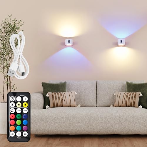 2er LED Wandleuchte Innen Akku – Kabellos RGB Wandlampe Weiß – Touch Dimmbar mit Fernbedienung – Aufladbar Spots zum Kleben, Ohne Bohren, Ohne