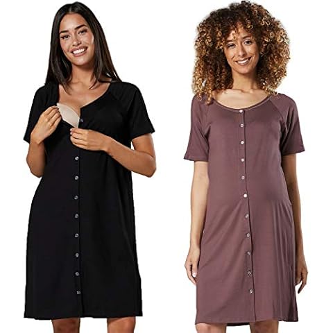 HAPPY MAMA Women's Maternity Breastfeeding Nightdress for Labour 2-Pack 1512 (Black & Cappuccino, UK 12/14, L) Cover