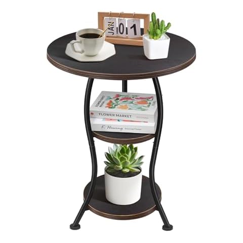 SMFANLIN 15.7 Inches Round Wood Side Table for Small Space, 3-Tier Accent End Table with Metal Frame, Coffee Table Corner Sofa Table Nightstand for Living Room, Bedroom (Black) Cover