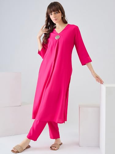 Image of INDO ERA Women's Viscose Solid A-Line Calf Length Kurta & Pant Set (IESTR12352)