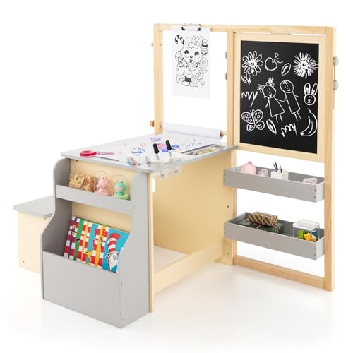 MAT EXPERT Easel for Kids, Wooden Kids Craft Table w/Double-Side Blackboard Whiteboard, Paper Roll Bookshelf & Storage, Children Drawing Desk Activity Center, Toddler Art Table and Chair Set (Grey)