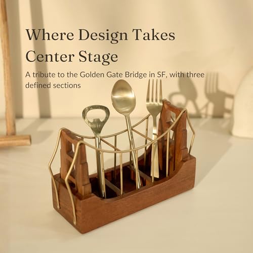 Image of Brick Brown Premium Golden Gate Cutlery Holder | Spoon Stand for Kitchen & Dining Table | Cutlery Stand & Tabletop Cutlery Box | Spoon Holder Caddy with 3 Section Wood & Metal (10.2x3.6x6 inch)