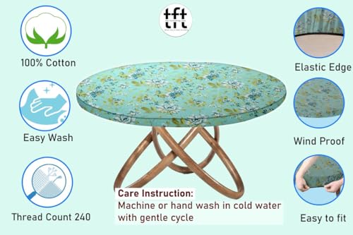 Image of The Furnishing Tree Elastic Cotton Round Dining Table Cover 36x36 in Inches Floral Golden Leaf on Blue Base