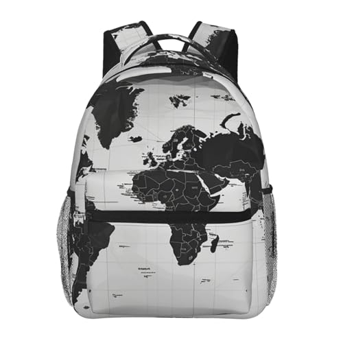 Casual Backpack for Women Men Black and White World Map Lightweight Daypack Large Capacity Nurse Bag