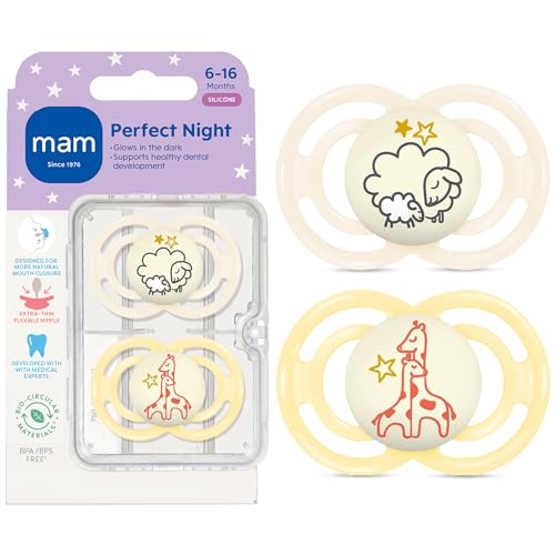 Image of MAM Perfect Baby Pacifier 6-16 Months, Extra Thin Nipple, Developed with Orthodontists, Clinically Proven, Glows in The Dark, BPA-Free Silicone, Pack of 2, Made in Europe