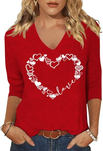 Image of Womens 3 /4 Sleeve V Neck Valentine T Shirts Love Heart Printed Graphic Tee Tops