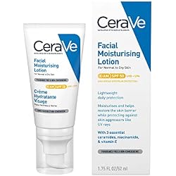 CeraVe AM Facial Moisturising Lotion SPF50 With 3 Essential Ceramides, Vitamin E, Niacinamide, MVE Technology, UVA UVB Protection, For Normal to Dry Skin, Lightweight, Non-Greasy, Allergy Tested, 52ml