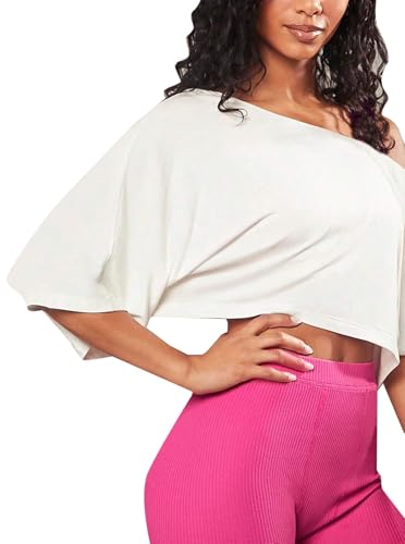 Remidoo Womens Off The Shoulder Tops Short Sleeve Crop Top Asymmetrical Neck T Shirt3