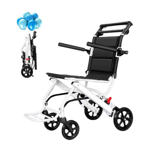 Silla de ruedas plegable, silla de viaje portátil ligera para adultos, marco de acero al carbono, diseño plegable compacto, ruedas de poliuretano, freno de mano ergonómico, correa de seguridad