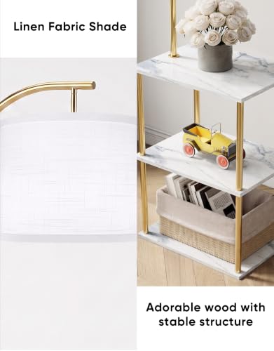 Image of PARTPHONER Floor Lamp with Table, Night Stand with Lamp, Narrow Side Table with 3CCT LED Bulb, Small Coffee Table, Modern End Table with Storage Shelves for Living Room, Marble White and Gold Poles