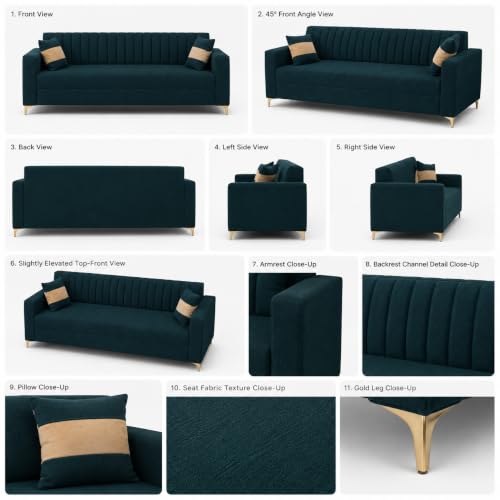 Image of FURNY Signature Regalia 3 Seater Sofa Set | Boston Fabric | 40D Foam + Zigzag Spring | 3-Yr Warranty (Peacock Teal & Warm Beige) | Modern Living Luxury Sofa Set for Home, Office & Hotel Spaces