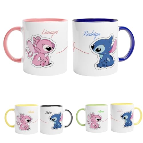 LA CASA DE LA TAZA | Embalagem de 2 chávenas personalizadas | Personagem e nome | 350 ml | Apta para micro-ondas, personalizada a toda a cor, escolha entre mais de 10 personagens | para casais