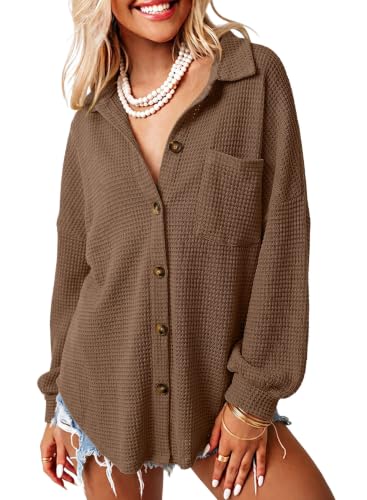 Image of Dokotoo Womens Waffle Knit Shacket Jacket Casual Button Down Shirts Tops | Long Sleeve,Loose Fit,Boyfriend Style,Collared V Neck,Fall Cardiga,Outwear with Pockets