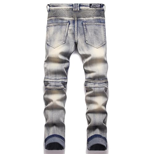 Men's Patchwork Pleated Ripped Jeans Biker Zipper Deco Washed Straight Jean Destroyed Fit Flex Skinny Jeans2