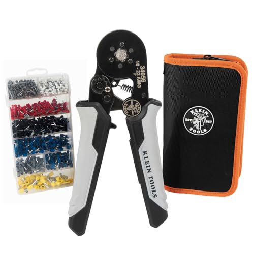 Klein Tools 34061 Ferrule Crimping Tool Set with Ratcheting Hex Crimper Pliers 1200 Wire Terminals (10-22 AWG) and Soft Carrying Case for Electrical Applications