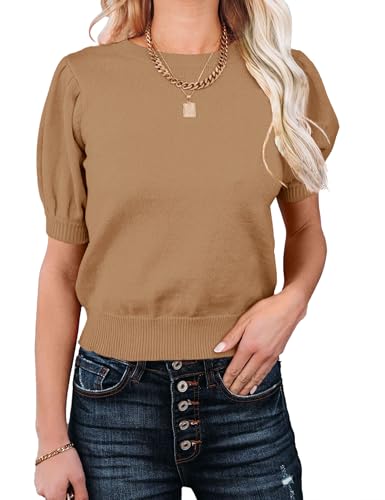 Image of Womens Puff Short Sleeve Sweater Tops Crewneck Basic Knit Pullover Lightweight Casual Sweaters