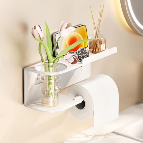 Adhesive Wall Mount Toilet Paper Holder with Shelf, White Rustproof Stainless Steel, 9-inch Mobile Holder Shelf with Flower Pot Bathroom Decor (White)