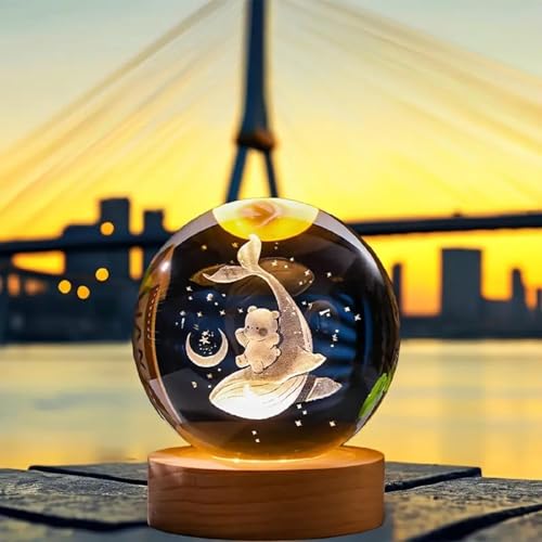 Image of Hamsa Crystal Ball Night Light - 2.4 Inch 3D Dolphin with Teddy Bear LED Lamp with Wooden Base | Gift for Women, Men, Kids | Decorative Bedside Light | Valentine & Birthday Gifts