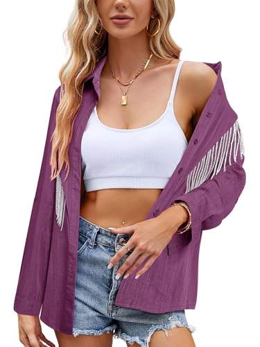 Image of MYMORE Womens Sparkly Fringe Shirt Western Cowgirl Country Concert Outfit