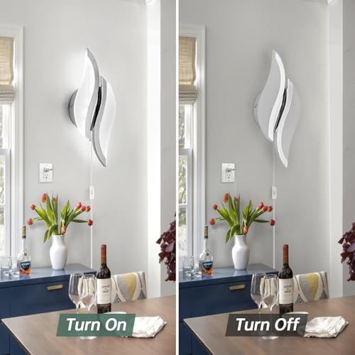 Image of CANEOE Plug in Wall Sconces Set of Two 6000K Chrome Modern LED Wall Light Fixtures Acrylic Wall Sconce Lighting for Living Room Bedroom Bedside Bathroom Hallway Stairway Wall Lamp