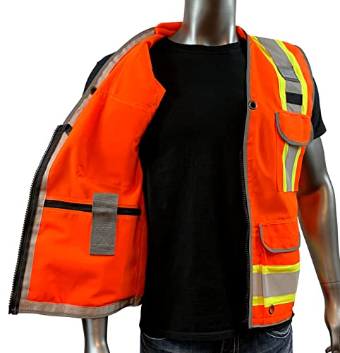 Rexzus A Reflective Safety Vest Class 2 Heavy Woven Two Tone Engineer Hi Viz Safety Vest 3M Tape (Orange, Medium) #TOP4
