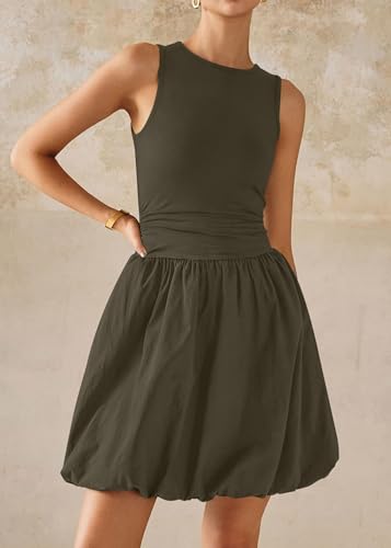 Image of KIRUNDO Summer Dresses for Women 2026 Cute Mini Sleeveless Bubble Dress | Stretchy Ruched Front Cinched Waist, Woven Balloon Skirt, Crewneck Tank Sundress With Pockets, Casual Party Vacation Outfits
